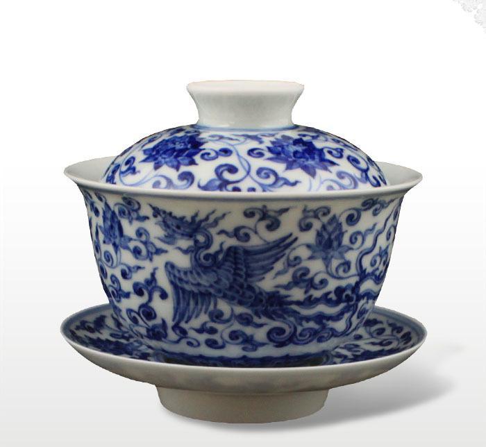 淘瓷缘g景德镇手绘青花仿古瓷器茶具盖碗品茗【凤舞莲祥】铁观音